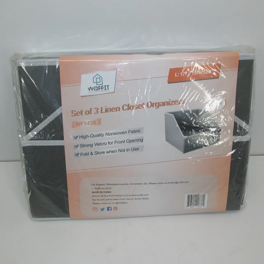 Woffit Set of 3 Linen Gray Closet Organizers 17 x 15 x 12.5